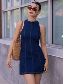 Andrea Bello Váy denim thường ngày cho nữ, tối giản và thời trang để mặc hàng ngày - Màu xanh lam - Xem 1