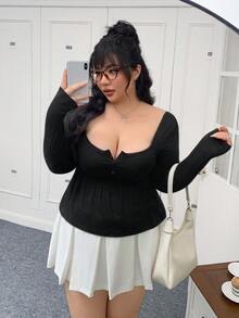 SHEIN EZwear Áo phông cổ vuông thường ngày cỡ lớn, màu trắng, cho kỳ nghỉ xuân/hè - màu đen - Xem 6