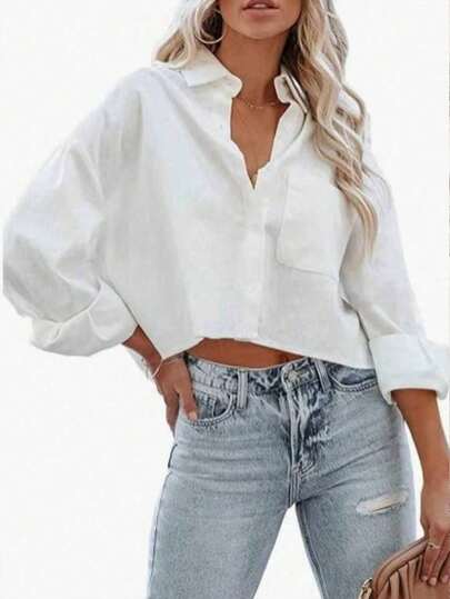 EMERY ROSE 大码女式常规版型落肩长袖休闲白色衬衫
