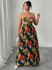 SHEIN PETITE CURVE Abito da donna con stampa floreale, senza maniche, con scollo a V, gonna plissettata lunga, silhouette lusinghiera. Adatto per vacanze in isola, feste in spiaggia, atmosfera di San Valentino, fotografia di viaggio, moda vacanziera. Abbigliamento minimalista per donne formose. - Multicolore - Visualizzare 3