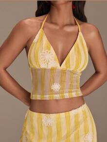 Athîral Women's Casual Vacation Knit Striped Yellow Floral Halter Top And Mini Skirt 2 Pieces Set, Yellow Two Piece Set, Yellow Two Piece Set Women, Yellow Summer Top, Yellow Stripe Top,Date Party Outfit, Daily Outfit, Holiday Outfit, Beach Outfit - Yellow - View 1