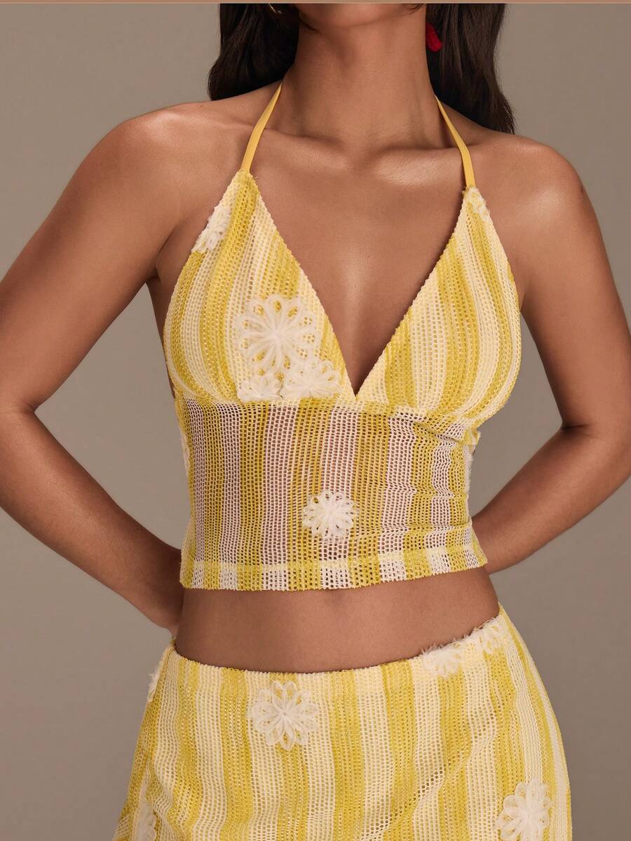 Athîral Women's Casual Vacation Knit Striped Yellow Floral Halter Top And Mini Skirt 2 Pieces Set, Yellow Two Piece Set, Yellow Two Piece Set Women, Yellow Summer Top, Yellow Stripe Top,Date Party Outfit, Daily Outfit, Holiday Outfit, Beach Outfit - Yellow - View 1