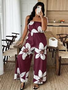 EMERY ROSE Plus Size Summer Casual Floral Print Bandeau Jumpsuit - Multicolor - View 5