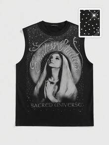 ROMWE MEN Street Life Tank Top Longgar Pria Kasual Modis Gaya Jalanan Serbaguna untuk Perjalanan Sehari-hari, Motif Huruf dan Dekorasi Rhinestone, Musim Panas - Hitam - View 3