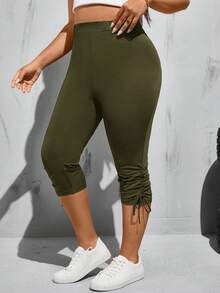 SHEIN Essnce Quần legging lửng màu đen co giãn cao, thoải mái, đa năng dành cho nữ cỡ lớn, thích hợp mặc hàng ngày vào mùa xuân và hè, kiểu dáng đơn giản, quần công sở, quần nữ, quần đi chơi. - xanh quân đội - Xem 3