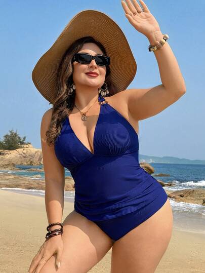 Swim Lushoire 2026 New Plus Size Navy Blue One-Piece Swimsuit | Halter Deep V Neckline Enhances Bust | Full Body Ruching Flatters Waist & Abdomen | High Elasticity Hugs Curves | Vacation Beach Spa Tankini Bikini