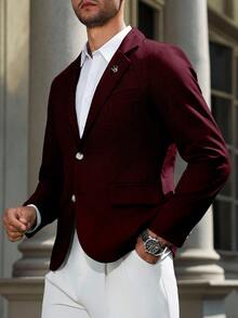 Manfinity Mode Men's Solid Color Minimalist Casual Long Sleeve Blazer - Burgundy - View 4
