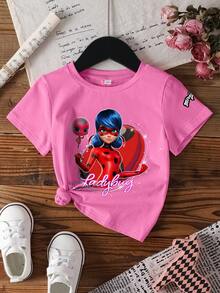 Miraculous Ladybug X SHEIN Áo thun tay ngắn cổ tròn in chữ hoạt hình dành cho bé gái, kiểu dáng thường ngày, đa năng. - trắng - Xem 6