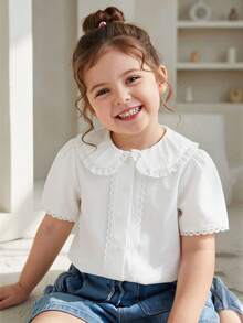 Elladie kids 女童休闲简约白色蕾丝边短袖衬衫，百搭时尚春夏新品，校园风 - 白色 - 查看 3