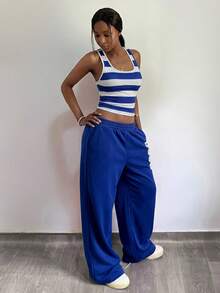 StreetHx Bộ đồ hai mảnh kẻ sọc phong cách Y2K dành cho nữ, thời trang đường phố thập niên 2000, thu đông/xuân. - Màu xanh lam - Xem 3