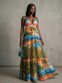 VaVaBold Deep V-Neck City Casual Vacation Spaghetti Strap Dress - Multicolor - View 3