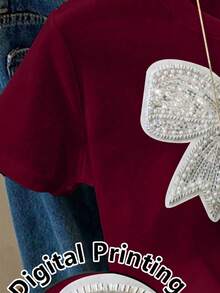 Girls' Short Cropped T-Shirt, Burgundy, Fitted, Cute White Rhinestone Bow Decor, Versatile All-Match Tee, Suitable For Outings, Spring/Summer - Burgundy - View 4