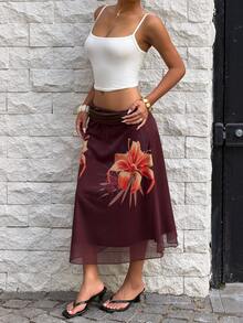 Aloruh 女士印花褶裥优雅通勤裙 - 棕色 - 查看 4