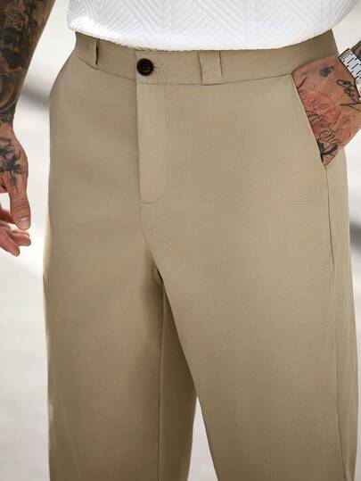 Manfinity CasualCool Quần short nam dáng rộng, màu trơn, thích hợp mặc mùa hè, màu kaki.