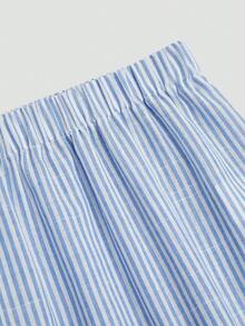 Sweetra Bộ đồ nữ 2 món: Áo hai dây hở lưng in họa tiết kẻ sọc và quần ống rộng có dây rút, kiểu dáng thường ngày. - Xanh và trắng - Xem 12