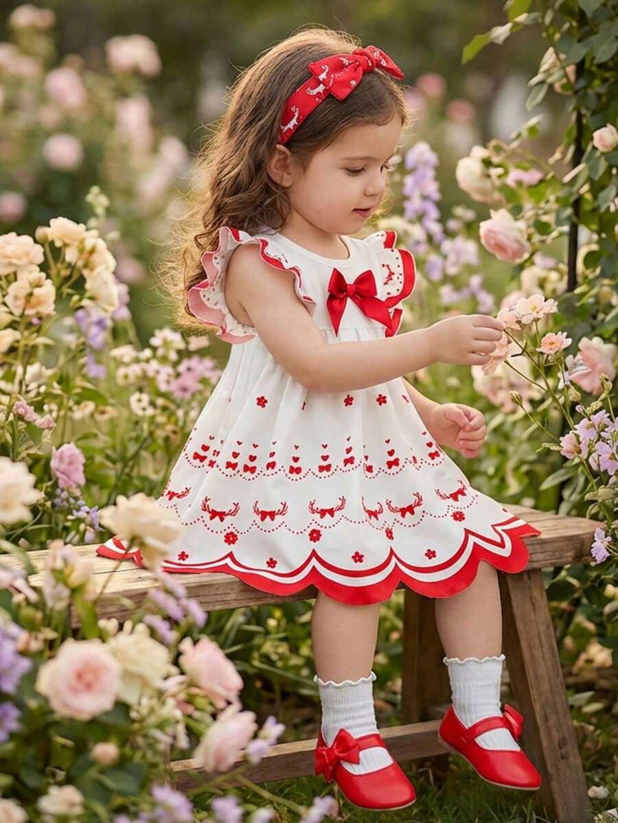 SHEIN Vintaside Kids White And Red Baby Girl Dress,Summer Cute Party Fashion Soft Fabric Round Neck Ruffle Sleeves Floral Embroidery Pastoral Style Lightweight