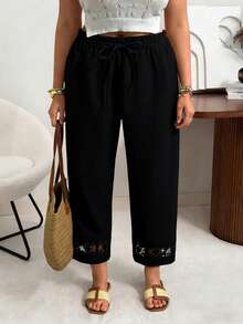 Ceyna Plus Size Casual Elegant Pleated Hollow Floral Drawstring Pants, Suitable For Summer And Vacation Black Fall - Black - View 5
