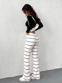 SHEIN EZwear 女士休闲紫色撞色条纹罗纹抽绳腰裤，适合春秋季穿着 - 紫色 - 查看 2