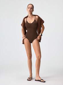 塑身连体裤，带衬垫胸部、收腹提臀功能，褶皱紧身连体裤 - 咖啡棕 - 查看 8