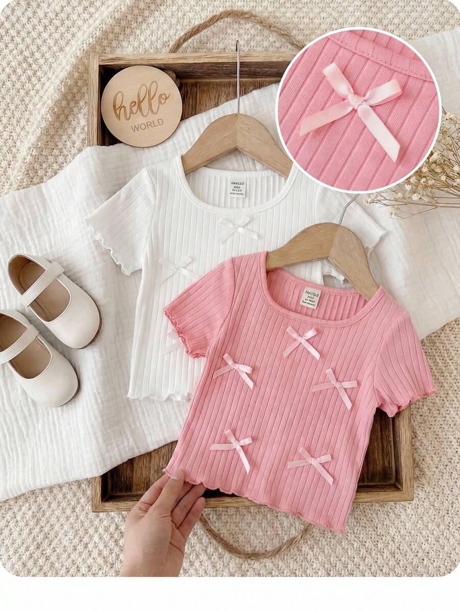 SHEIN LMoss Kids 2件套休闲百搭纯色蝴蝶结针织上衣，适合女婴 - 彩色 - 查看 1