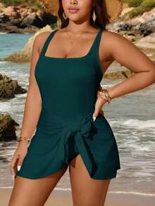 Swim Lushoire Plus Size Women Solid Color Knotted Waist Casual Swimdress - Teal Blue - View 3