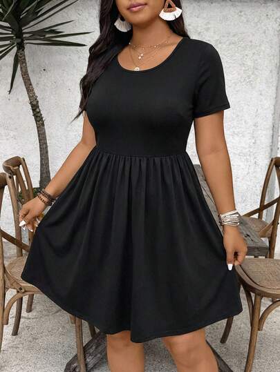 SHEIN VCAY Plus Size Women Solid Color Pleated Round Neck Casual Short Sleeve Dress Women's Minimalist Casual | Solid Black Round Neck Short Sleeve Mini Dress - High Waisted Pleated A-Line Versatile Basic Summer Dress Black Baby Doll Dress Women Black Dresses For Women Casual Puff Dress For Women Simple Dress