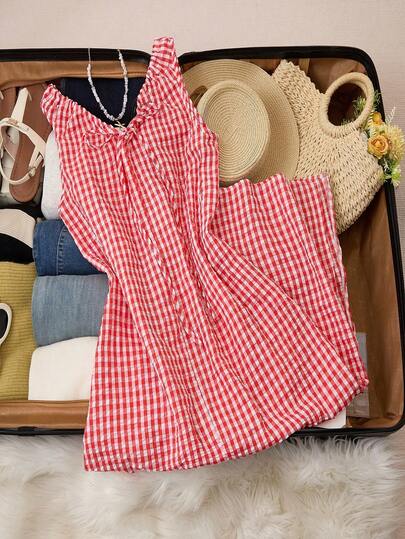 Trelyra Casual Sleeveless Loose Plaid Red & White Contrast Color Midi Dress For Women