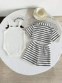 SHEIN Playful Pals 3件套女婴度假休闲纹理面料套装，包括衬衫、短裤和连体衣，适合日常穿着，夏季款 - 黑與白 - 查看 2