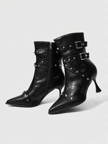 ROMWE Goth Giày bốt cổ ngắn kiểu Pháp dành cho nữ, mẫu mới thu đông 2026, cá tính, mũi nhọn, đính đinh tán, co giãn, gót mỏng, bốt ngắn. - màu đen - Xem 5