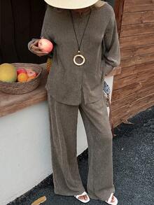 DAZY Spring & Summer Design Sense Shoulder Outfit, Casual, Commute, Professional Wear, Grey Top & Straight Pants Set, Elegant Commute Old Money Style Women 2 Pieces Set - Grey - View 3