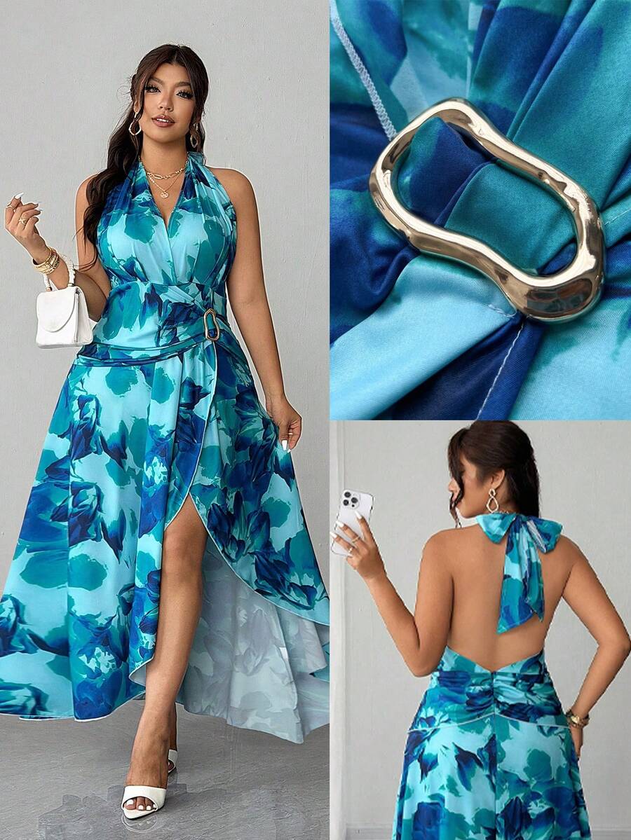 Elenzga Plus Size Women's Elegant V-Neck Floral Print Sexy Flowing Maxi Dress, Spring/Summer - Multicolor - View 1