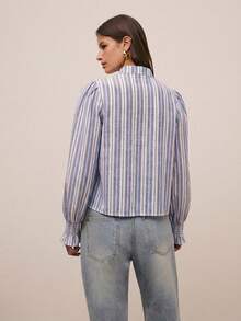 Nöista Elegant Blue And White Stripe Blouse,Mandarin Collar Long Puff Sleeves With Smocked Frill Cuffs,Front Ruffle Trim Vintage Top For Autumn Brunch - Blue and White - View 2