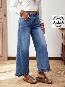 EMERY ROSE Plus Size Women Street Casual Comfortable Mid-Blue Non-Stretch Ruffle Hem Straight Leg Jeans - Medium Wash - View 7