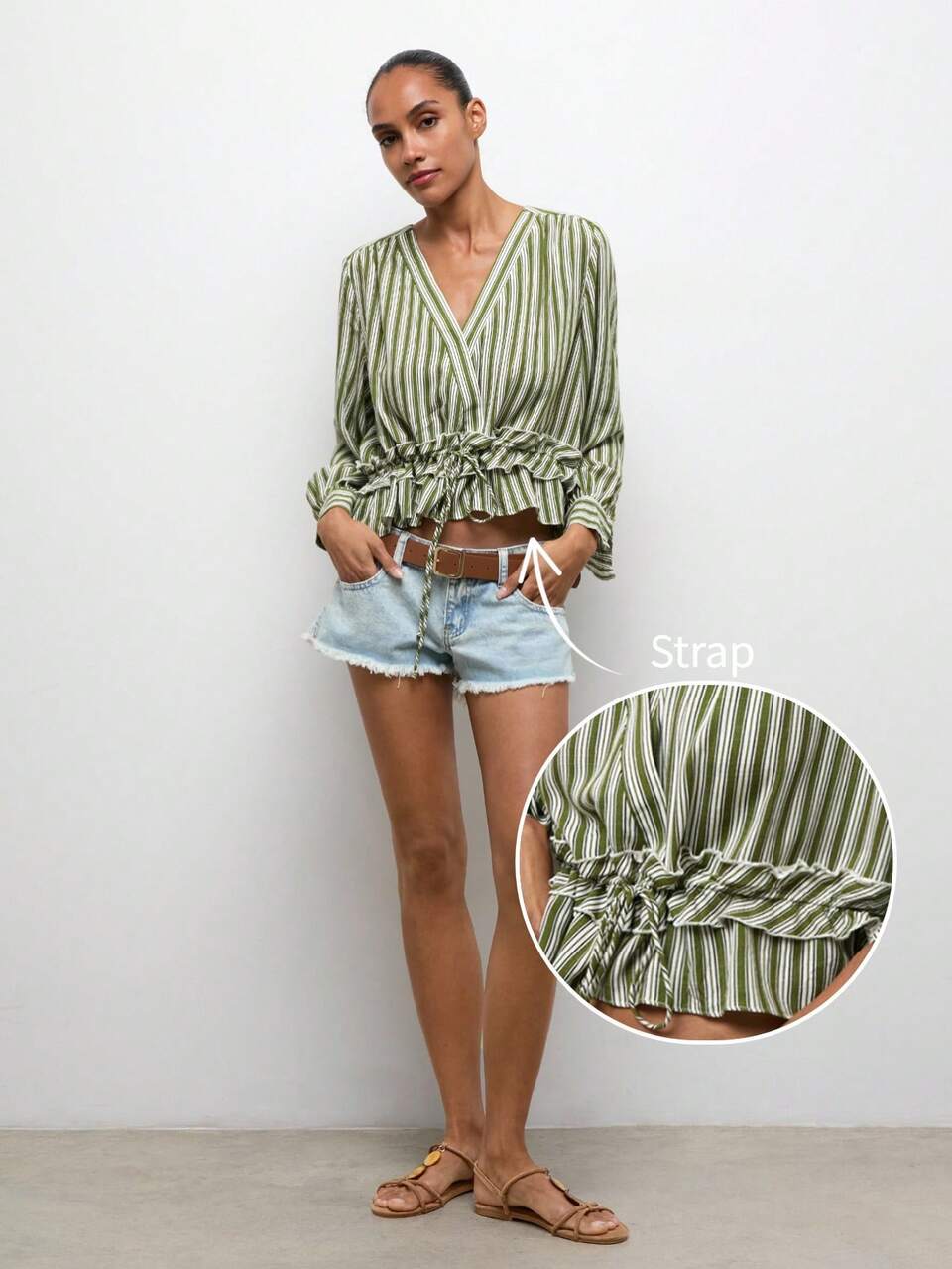 SHEIN Maija Women's Olive Green And V Neck Blouse, Autumn Casual Boho Vacation Batwing Long Sleeve Ruffle Hem Woven Blouse, Country Concert Brunch