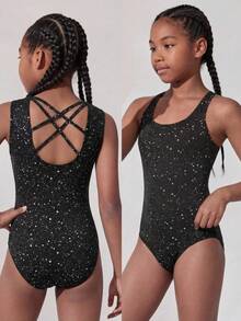 SHEIN Girlism Conjunto de ropa deportiva para niñas preadolescentes, conjunto casual de gimnasia, yoga, de tejido de punto brillante y elegante con alto estiramiento, body con espalda de tirantes y leggings, color negro - Negro - Ver 1
