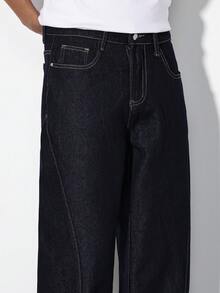 Manfinity Homme Quần jeans nam màu xanh hải quân dáng rộng, ống thẳng, phong cách thường ngày. - Rửa tối - Xem 7