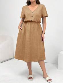 Shapeblank Vestido casual de verano holgado y cómodo para mujer de talla grande, de longitud media con bolsillos, cuello en V, mangas cortas, estilo europeo de verano, adecuado como atuendo - Caqui - Ver 3