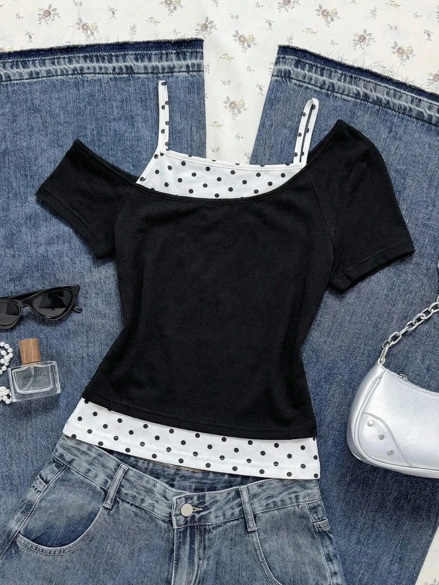 SHEIN EZwear 女士波点印花不对称领插肩袖修身时尚T恤 - 黑與白 - 查看 1
