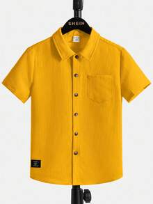 SHEIN 男童休闲单排扣短袖衬衫，适合日常穿着 - 黃色 - 查看 2