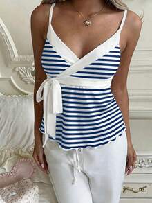 CovetEZ Women's Casual Striped Tie Strap Camisole - Blue and White - View 3
