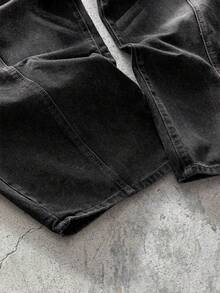 EVRINFINITE Justice Brother 1件装做旧直筒牛仔裤，饰有弯刀和猫须图案，休闲宽松版型 - 深灰色 - 查看 4