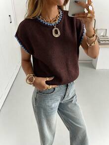 Siren Gaze 女士圆领撞色滚边休闲日常针织上衣 - 咖啡棕 - 查看 4