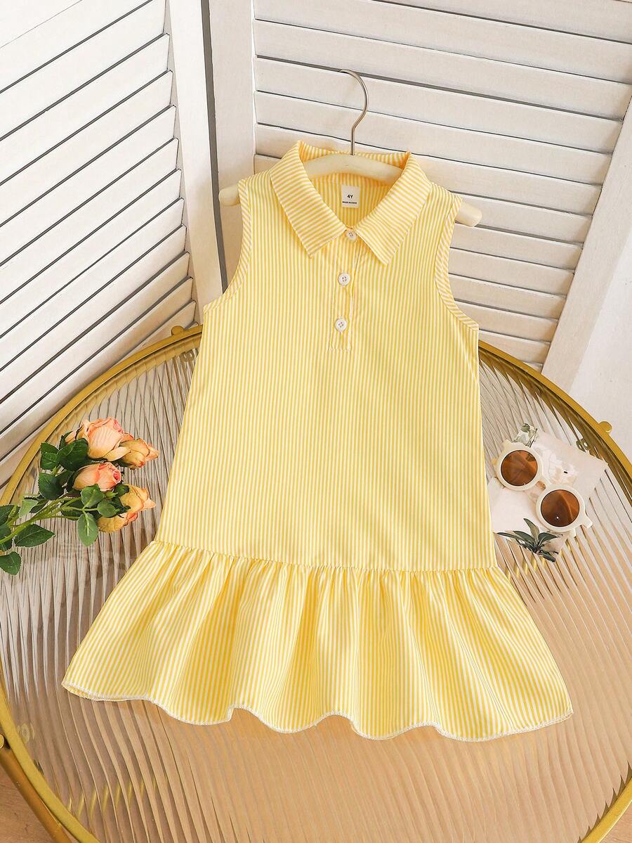 SHEIN Elladie kids 女童无袖条纹衬衫裙,带纽扣细节,适合休闲穿着 - 黃色 - 查看 1