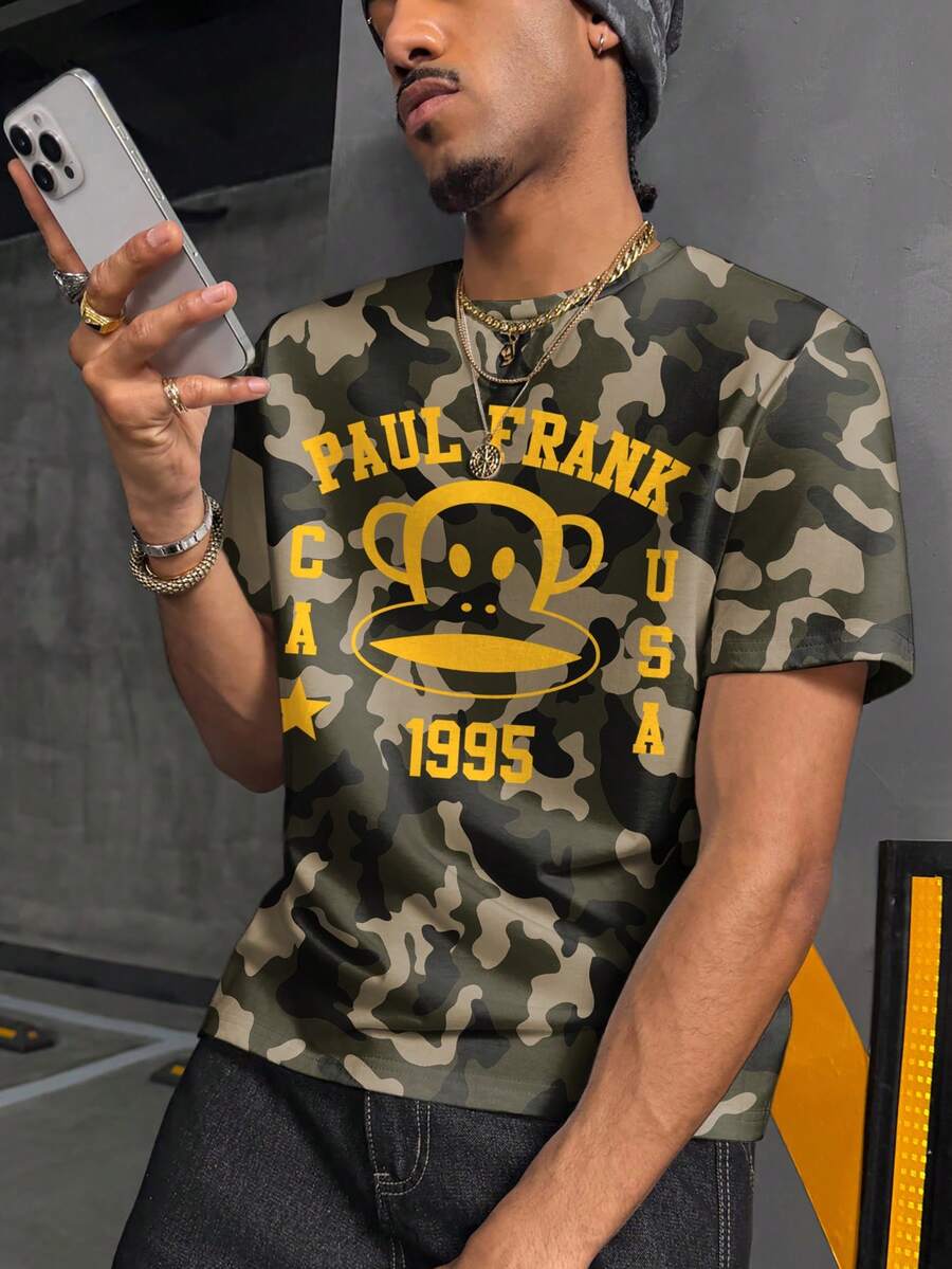 Paul Frank X SHEIN 男士圆领迷彩字母数字印花休闲百搭日常短袖T恤 - 白色 - 查看 1
