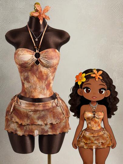 Zestiva Bộ đồ bơi 3 mảnh dành cho nữ, họa tiết nhuộm tie-dye với cổ yếm đính hạt và eo thắt, kết hợp với chân váy tankini nhiều lớp, thích hợp cho mùa hè.