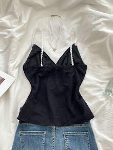 Elamini 夏季休闲度假女式粉色V领可爱纯性感编织蕾丝荷叶边3D花朵撞色蝴蝶结露背弹力细腰吊带背心 - 黑色 - 查看 2