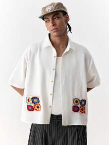 Manfinity Unisex Men's 75D Polyester Imitation Linen Crochet Short Sleeve Shirt - White - View 1