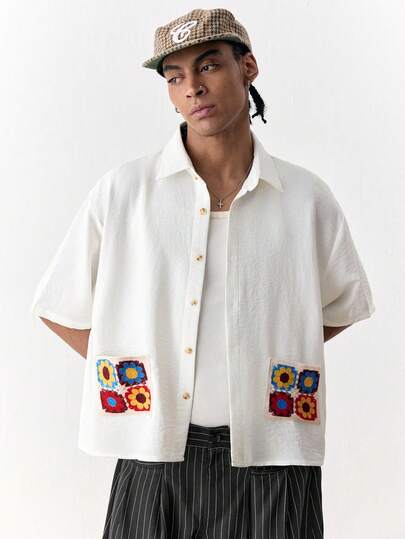 Manfinity Unisex Men's 75D Polyester Imitation Linen Crochet Short Sleeve Shirt