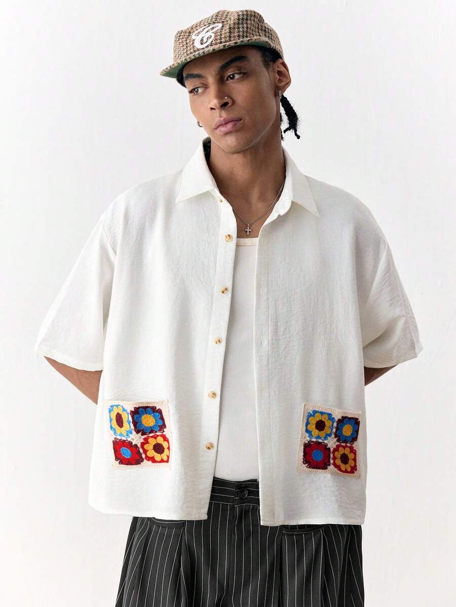 Manfinity Unisex Men's 75D Polyester Imitation Linen Crochet Short Sleeve Shirt - White - View 1