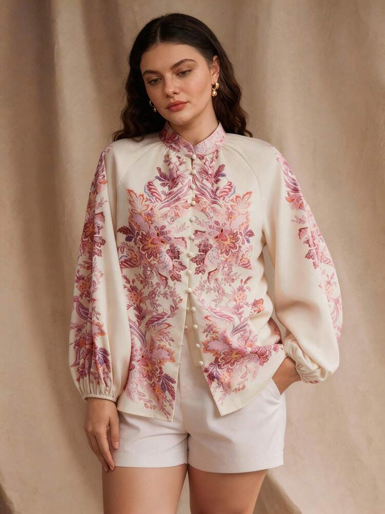 Anewsta New Summer Vacation Casual Romantic Pink Floral Placement Print Stand Collar Raglan Sleeve Elegant Plus Size Women Blouse